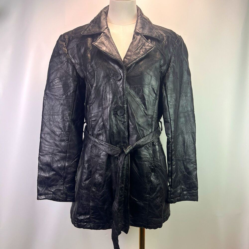 Womens Vintage Style Black Genuine Leather Patchwork Belted Coat Pockets Small